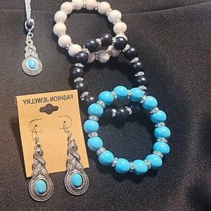 Turquoise Set Vintage Style Crystal Silver Earrings Bracelet Necklace